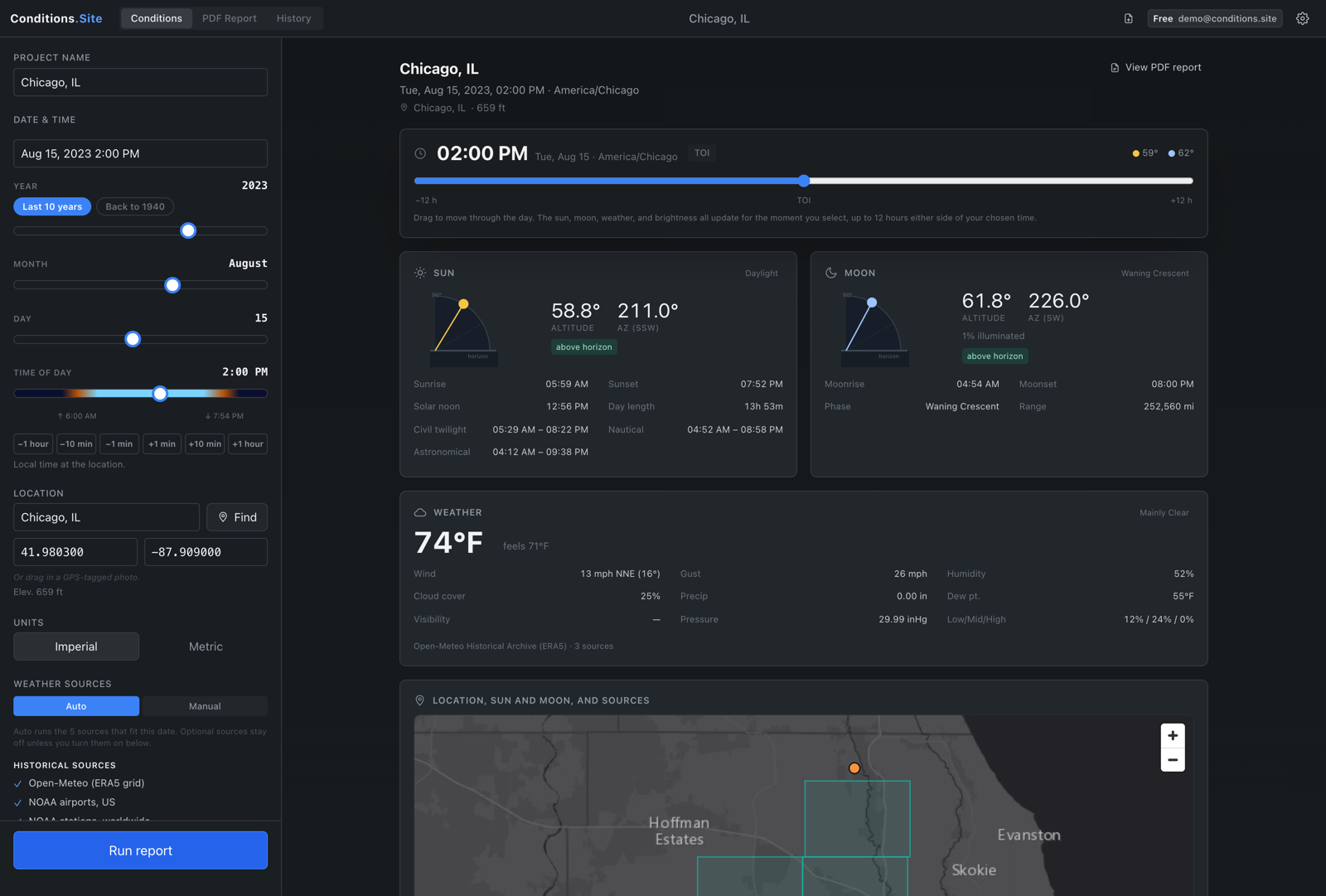 The Conditions.Site app showing sun and moon position, weather, and a map for a chosen location and time
